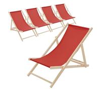 ECD Germany Lot de 5 Chaises Longues Pliantes en Bois Chiliennes, Rouge, Dossier Réglable, 3 Positions de Couchage, jusqu'à 120kg, Bain de Soleil en Tissu pour la Plage Jardin Terrasse Camping