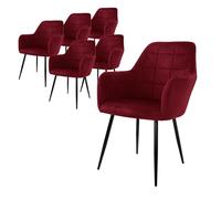 ECD Germany Lot de 6 Chaises de Salle à Manger Cuisine Salon Séjour Bordeaux Assise Siège Rembourrée en Velours Structure en Métal Fauteuil Rétro avec Accoudoirs pour Bureau Réception Meuble Maison