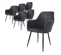 ECD Germany Lot de 6 Chaises de Salle à Manger Cuisine Salon Séjour Gris Foncé Assise Siège Rembourrée en Velours Structure en Métal Fauteuil Rétro avec Accoudoirs pour Bureau Réception Meuble Maison
