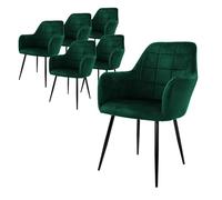 ECD Germany Lot de 6 Chaises de Salle à Manger - Vert Foncé - Style Rétro - Assise Rembourrée Aspect Velours - Pieds en Métal Noir - avec Dossier et Accoudoirs - Fauteuil Moderne Salon Bureau Chambre