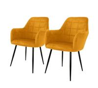 ECD Germany Set de 2X Chaises de Salle à Manger Moutarde, Style Moderne/Retro, Dossier et Accoudoirs Rembourrée Aspect Velours, Pieds en Métal Noir, Chaise Ergonomique, Fauteuil pour Salon/Chambre
