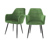 ECD Germany Set de 2X Chaises de Salle à Manger Vert Clair (Sauge), Style Moderne/Retro, Dossier et Accoudoirs Rembourrée Aspect Velours, Pieds en Métal Noir, Chaise Ergonomique, Fauteuil pour Salon