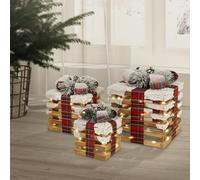 ECD Germany Set de 3 Boîtes Cadeaux avec Guirlande Lumineuse LED, Marron, Bois Enneigé, Fonctionnant sur Piles avec Minuterie, Décoration de Noël Illuminée, Éclairage LED, Boîte Cadeau Arbre de Noël