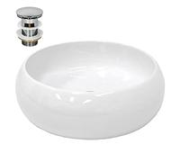 ECD Germany Vasque à Poser Lavabo Salle de Bain - Ø 350 x 120 mm - en Céramique - Rond - Blanc - avec Kit de Vidange sans Trop-Plein - Lave-Mains Évier Toilette Douche - Lavabo à Poser sur Meuble