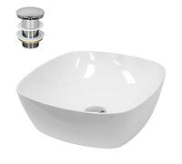 ECD Germany Vasque à Poser Lavabo Salle de Bain - Ø 405 x405 x 140 mm - en Céramique - Ovale - Blanc - avec Kit de Vidange sans Trop-Plein - Lavabo à Poser sur Meuble Salle de Bain - Design Moderne