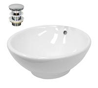 ECD Germany Vasque à Poser Lavabo Salle de Bain - Ø 420x170 mm - en Céramique - Ovale - Blanc - avec Kit de Vidange sans Trop-Plein - Lavabo à Poser sur Meuble Salle de Bain - Design Moderne