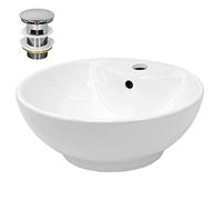 ECD Germany Vasque à Poser Lavabo Salle de Bain - Ø 455 x 185 mm - en Céramique - Rond - Blanc - avec Kit de Vidange avec Trop-Plein - Lavabo à Poser sur Meuble Salle de Bain - Design Moderne