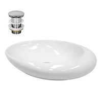 ECD Germany Vasque à Poser Lavabo Salle de Bain - Ø 585 x 375 mm - en Céramique - Ovale - Blanc - avec Kit de Vidange sans Trop-Plein - Lavabo à Poser sur Meuble Salle de Bain - Design Modern Blanc G