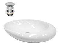 ECD Germany Vasque à Poser Lavabo Salle de Bain - Ø 585 x 375 mm - en Céramique - Ovale - Blanc - avec Kit de Vidange sans Trop-Plein - Lavabo à Poser sur Meuble Salle de Bain - Design Modern