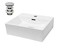 ECD Germany Vasque à Poser Lavabo Salle de Bain - Angulaire - 415 x 360 x 130 mm - en Céramique - Blanc - Lave-Mains Évier Suspendu Toilette - avec Kit de Vidange - avec Trop-Plein et Trou de Robinet