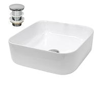ECD Germany Vasque à Poser Lavabo Salle de Bain - Carré - 390 x 390 x 140 mm - en Céramique - Blanc - avec Kit de Vidange sans Trop-Plein - Push Open 1 1/4 - Lave-Mains Évier Bassin Toilette