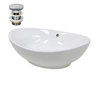 ECD Germany Vasque à Poser Lavabo Salle de Bain - Ovale - 590 x 390 x 200 mm - en Céramique - Blanc - avec Kit de Vidange - Lave-Main Évier Suspendu Toilette - avec Trop-Plein et Trou de Robinet