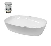 ECD Germany Vasque à Poser Lavabo Salle de Bain - Ovale - 605 x 380 x 140 mm - en Céramique - Blanc - avec Kit de Vidange sans Trop-Plein - Push Open 1 1/4" - Lave-Mains Évier Bassin Toilette