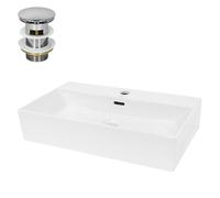 ECD Germany Vasque à Poser Lavabo Salle de Bain - Rectangulaire - 605 x 365 x 130 mm - en Céramique - Blanc - Kit de Vidange - Lave-Main Évier Suspendu Toilette - avec Trop-Plein et Trou de Robinet