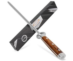 ECENCE Fusil à Aiguiser, Aiguiseur à Couteaux Professionnel en acier inoxydable (65HRC) de cuisine, tige d'aiguisage avec poignée en bois, 39cm Argent