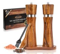 ECENCE Moulin à poivre et à sel en bois d’acacia, Lot de 2 Moulins à épices | avec mécanisme en céramique, incluant un pinceau de nettoyage et un dessous-de-plat