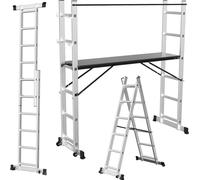 Échafaudage multifonctionnel 6 niveaux, argenté, 4-en-1, avec plateforme et roulettes, échelle d'accès en aluminium, pliable, capacité de 150 kg