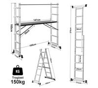Échafaudage multifonctionnel 6 niveaux, couleur argent, 4-en-1, avec plateforme et roulettes, échelle d'accès en aluminium, pliable, capacité de 150 kg
