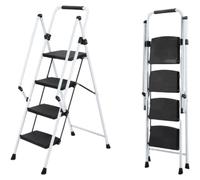 Échelle à 4 marches, blanche. Échelle pliante légère avec larges repose-pieds antidérapants et poignée de sécurité. Tabouret d'appui robuste en acier pour la cuisine, le bureau et la maison.
