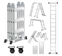 Échelle multifonction en aluminium Eikuavons 7 en 1, avec 4 marches et 3 échelons, d'environ 360 cm / 3,6 m, échelle pliante articulée avec plateformes, roulettes et surface antidérapante, capacité de