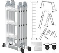 Échelle multifonctionnelle Eikuavons 7 en 1, 4 marches x 3 marches, environ 360 cm / 3,6 m, échelle télescopique en aluminium avec 2 plateformes, 2 roulettes, capacité de charge maximale de 150 kg