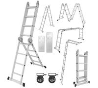 Échelle multifonctionnelle Ikodm 7 en 1, échelle télescopique en aluminium avec 4 marches, environ 470 cm / 4,7 m, dotée de 2 plateformes, 2 roulettes, et d'une capacité de charge maximale de 150 kg