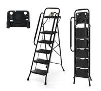 Échelle Pliant 5 Marches en Métal COSTWAY-Plateau à Outils-150KG-Pédales Large Antidérapante-Main Courante-Maison,Cuisine,Bureau