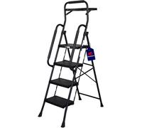 Échelle pliante professionnelle avec 4 marches XXL, e pliable avec main courante et étagère à outils. Les marches sont en plastique. Dimensions (H x L x P) : 158 x 52 x 87 cm. Capacité de charge : 150