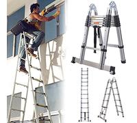 Échelle Télescopique 3,8m Pliable Échelle Coulissante, Marchepieds escamotables Escabeau telescopique 1,9+1,9M, Charge maximale: 150 kg, Échelle Escabeau Télescopique en Acier Inoxydable