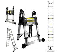 Echelle Telescopique 5m (2,5 + 2,5) de Acier Inoxydable, Escabeau 2 en 1,Echelle Multifonction avec Barre stabilisatrice pour Toiture Décoration et Réparations Extérieures Charge 150 kg, Argenté