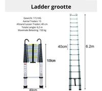Echelle télescopique - 6,2 mètres - Crochets amovibles - Marches extensibles - Pliable - Pieds antidérapants - Bricolage - Escalier