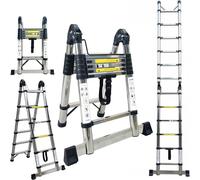 Échelle télescopique Brsheco 1,9 + 1,9 m, échelle en acier inoxydable de 3,8 m avec stabilisateur. Grande polyvalence. Échelle télescopique, échelle d'intérieur, capacité de charge de 150 kg (1,9 + 1,