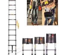 Échelle télescopique de 3,8M, Échelle Pliante en Acier Inoxydable, Antidérapante Échelle Escabeau Télescopique en 13 Echelons, Multifonction Escalier Escamotable, Charge Max 150KG Argent
