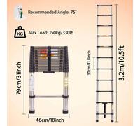 Échelle télescopique - Droite, 3,2 m - Acier inoxydable et ABS - Capacité de charge : 150 kg - Pliable et portable - Norme EN 131
