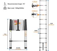 Échelle télescopique - Échelle droite extensible de 3,2 mètres / 10,5 pieds - Acier inoxydable - Échelle pliante pour travaux et usage domestique - Portable