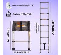 Échelle télescopique - Échelle droite extensible - Hauteur 2,6 m - Poids max. 150 kg - Acier inoxydable et ABS - Norme EN 131 - Portable et pliable