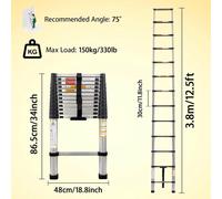 Échelle télescopique - Échelle extensible de 3,8 m - Acier inoxydable et plastique ABS - Capacité de charge : 150 kg - Espacement des échelons : 30 cm - Largeur : 46 cm - Norme EN 131
