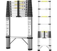 Échelle télescopique - Échelle ménagère - 3,8 m - Acier inoxydable - Pieds antidérapants - Support triangulaire - Portable et renforcée - Argent