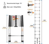 Échelle télescopique - Échelle pliante extensible de 3,8 mètres - En acier inoxydable - Échelle droite pour usage domestique et professionnel - Échelle portable pour la maison