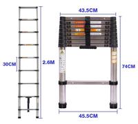 Échelle télescopique - Échelle simple droite - Extensible jusqu'à 2,6 m - 9 échelons - Espacement entre les échelons : 28 cm - Longueur repliée : 74 cm - Charge maximale : 150 kg - Acier inoxydable