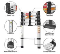 Échelle télescopique EN131 - Échelle domestique de 3,2 mètres - 11 échelons - Acier inoxydable - Capacité de charge de 150 kg - Pieds en caoutchouc antidérapants