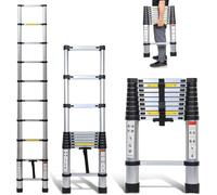 Échelle télescopique - Escalier extensible - Pour travaux intérieurs et extérieurs - Avec crochet amovible - Hauteur : 2,6 mètres - Aluminium