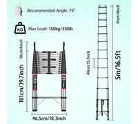 Échelle télescopique - Hauteur 5 m avec 2 crochets - Acier inoxydable et ABS - Capacité de charge 150 kg - Largeur 46 cm - Norme EN 131 - Pliable
