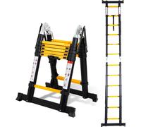 Échelle télescopique pliante Ikodm, 3,8 mètres, en aluminium, noir et jaune, 6+6 marches, 2 barres de stabilisation, idéale pour les travaux de rénovation, l'usage domestique, le garage et l'atelier