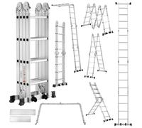 Échelle télescopique TEENO 7 en 1 Échelle transformable 4,7 m, 2 marches épaisses antidérapantes, pieds en caoutchouc, roulettes de transport, capacité de charge 150 kg
