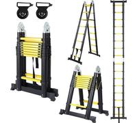 Échelles télescopiques - Échelles robustes - Échelles à fermeture douce - Hauteur 2,5 + 2,5 m - Jaune/noir, avec stabilisateur et roues
