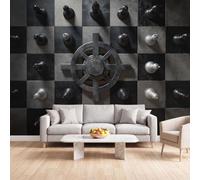 Échiquier Grille Engrenages Papier Peint Intissé Salon 250 x 175 cm | Murale Noir Et Blanc Et Gris Industriel Mécanique pour Chambre Décoration Couloir Entrée Cuisine TV Fond Salle à Manger