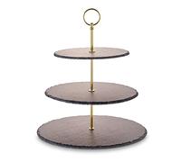 ECHTWERK Etagère/plateau de service pour pâtisseries, fruits, fromages et desserts en ardoise naturelle avec 3 niveaux et poignée métallique, édition or, Ø ardoise env. 20/25/ 30 cm, faïence