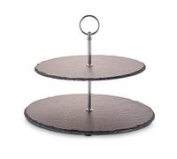 ECHTWERK Etagère/plateau de service pour pâtisseries, fruits, fromages et desserts en ardoise naturelle avec 2 niveaux et poignée métallique, édition argent, Ø ardoises env. 25/30 cm, faïence