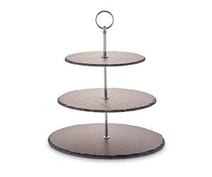 ECHTWERK Etagère/plateau de service pour pâtisseries, fruits, fromages et desserts en ardoise naturelle avec 3 niveaux et poignée métallique, édition argent, Ø ardoises env. 20/25/ 30 cm, faïence